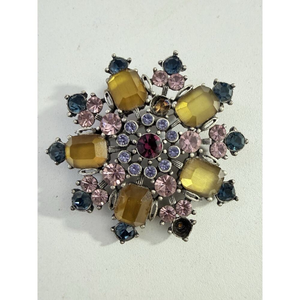 Vintage Snowflake Rhinestone Brooch Multicolor Pink Blue Yellow Missing Stone